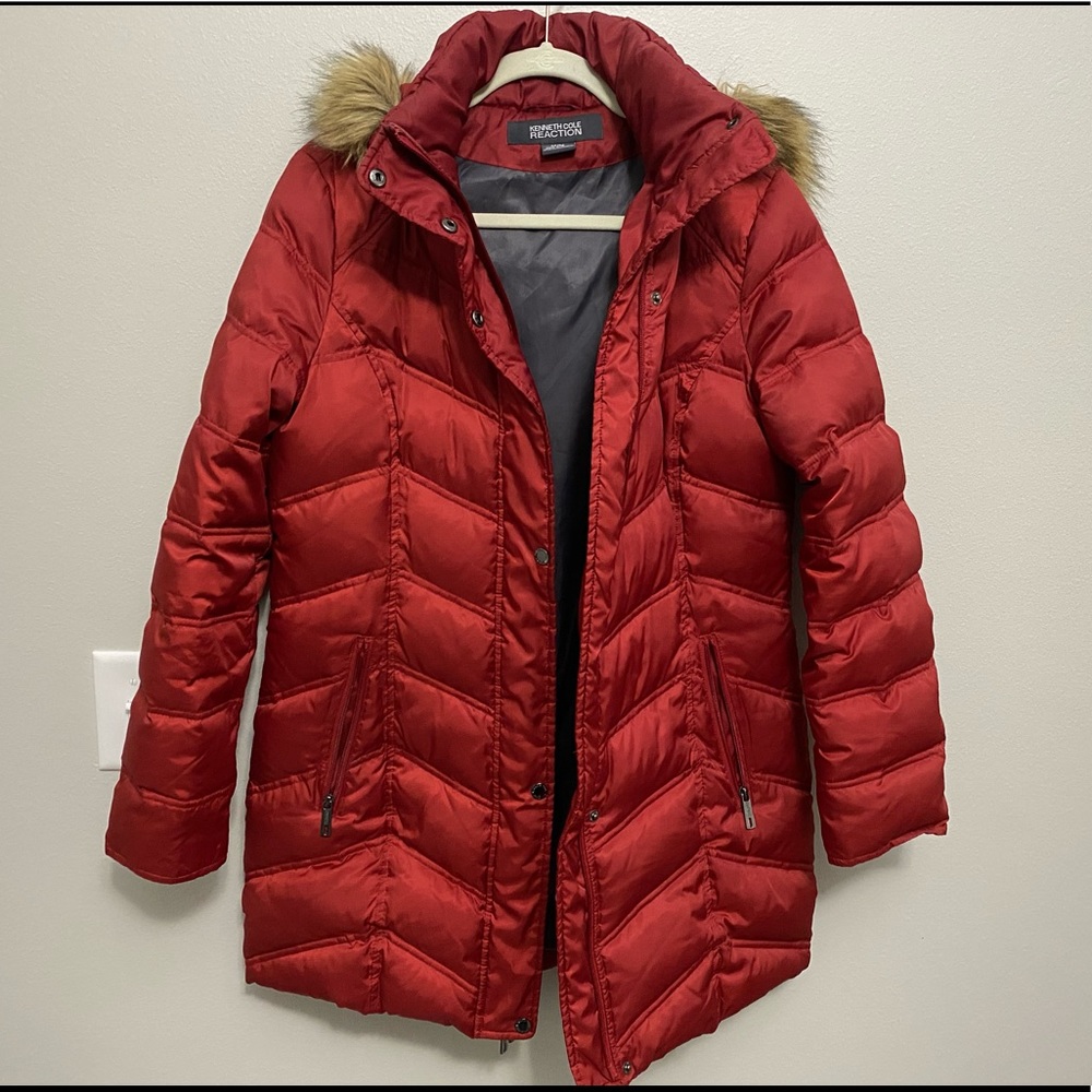 Red down feather coat with fur trimmed hood